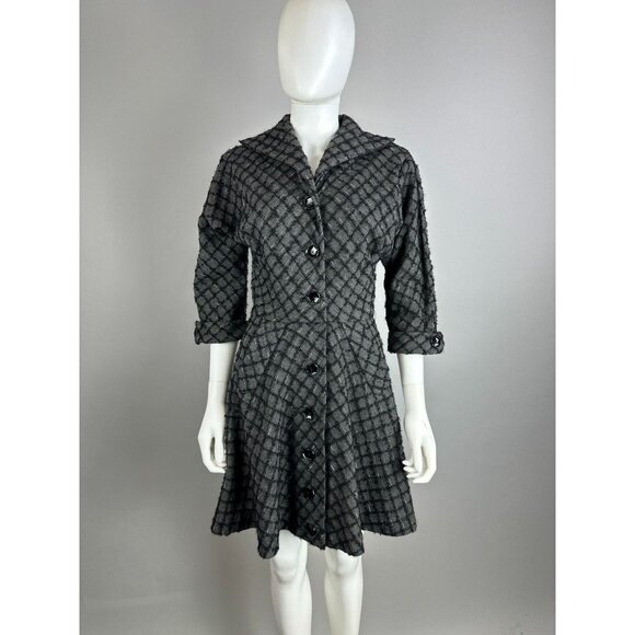 Vtg 50s R&K Gray Black Checker Wool Fit Flare Button Dress Size Small Womens - Picture 7 of 8